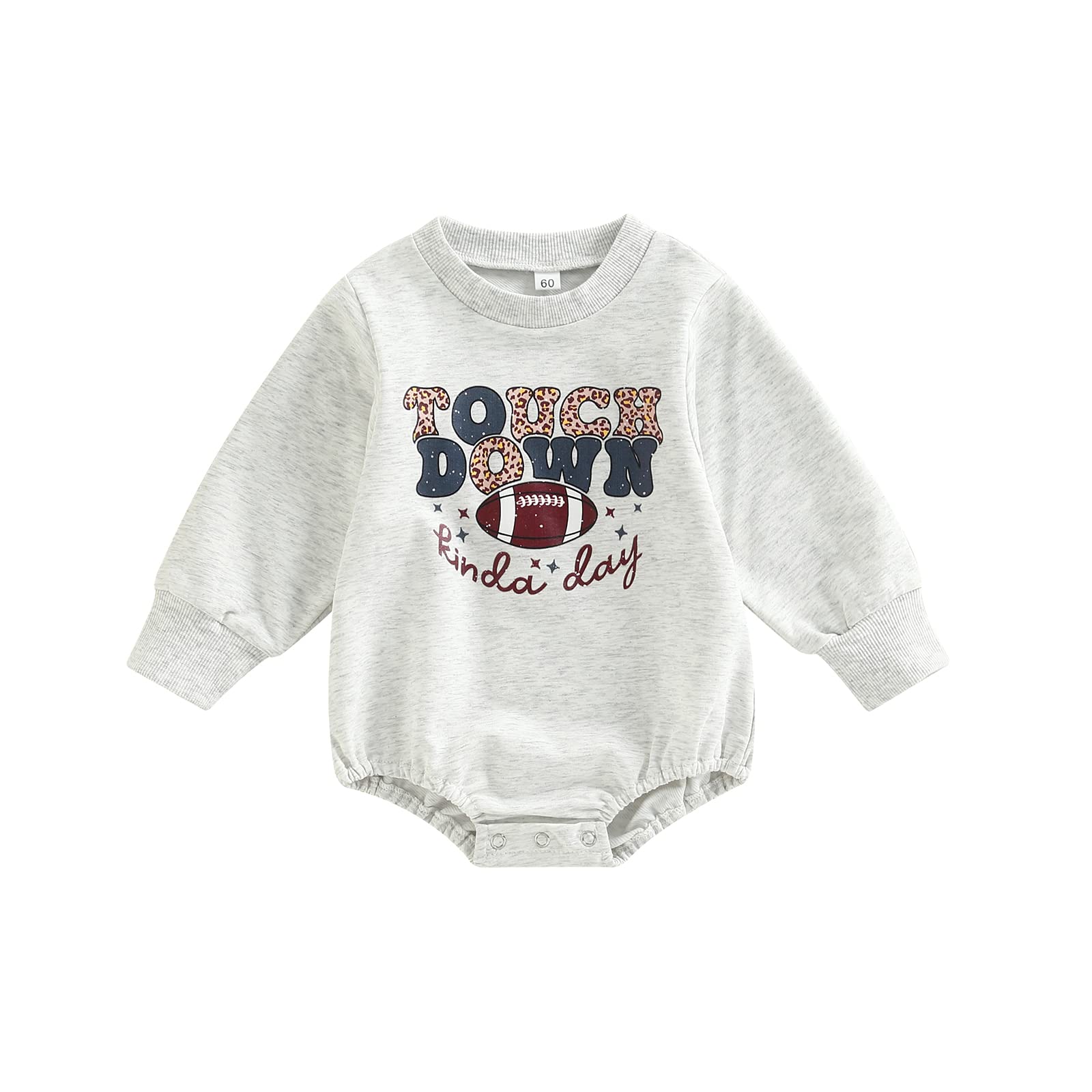 Lamuusaa Newborn Baby Girl Boy Clothes Letter Print Long Sleeve Romper Crewneck Sweatshirt Oversized Football Outfit 0-24M (Light Grey, 0-6 Months)