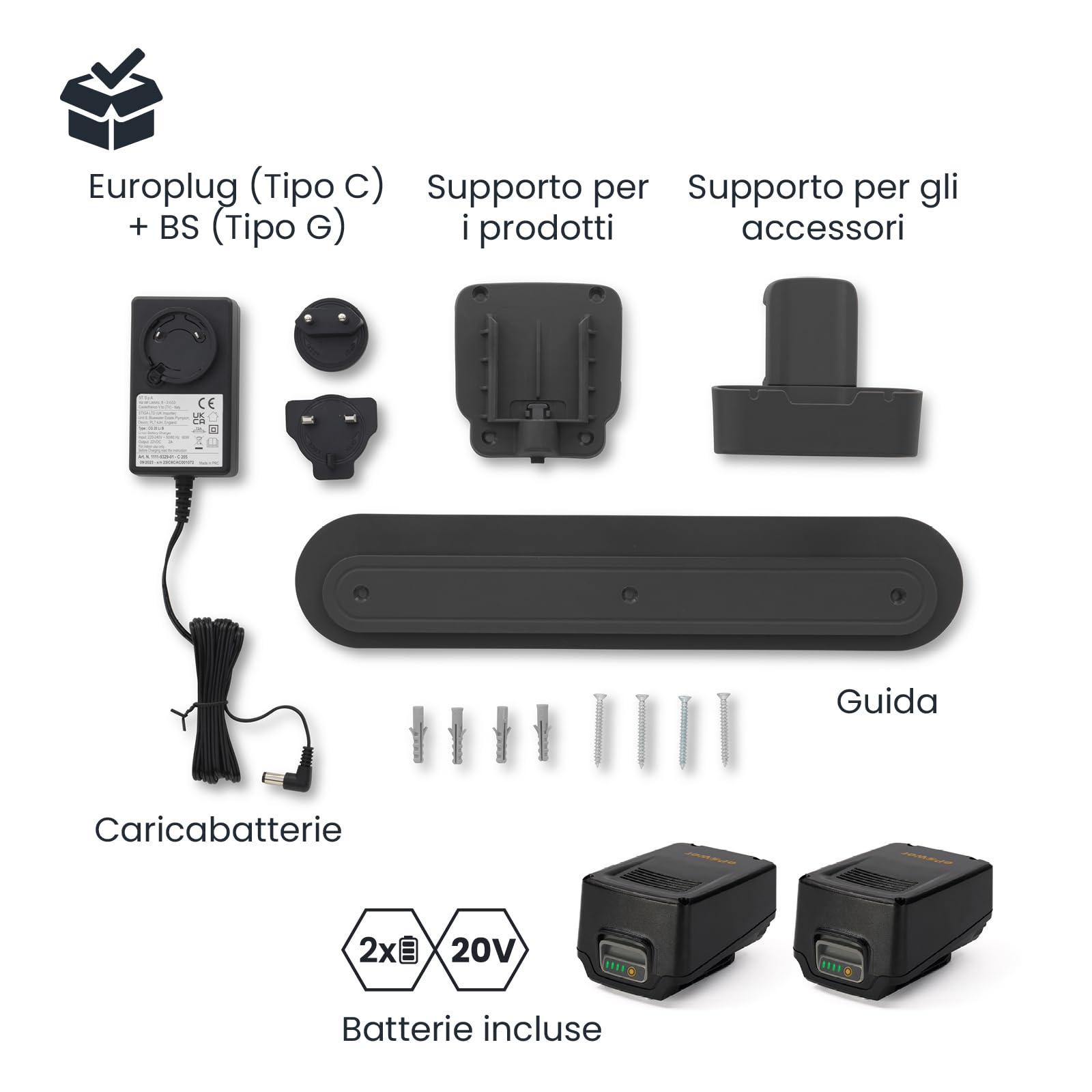 STIGA BL 300e Kit Soffiatore A Batteria, 2 Batt. 20 V 4 Ah + Caric. – Velocità aria 43 m/s, Autonomia 40 min – 2 Velocità, Ricarica A Bordo, Stoccaggio A Parete