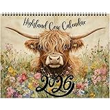 calendario 2026 con mucca delle highland, arte rustica da parete e planner mensile, calendario da parete 12 mesi, motivo mucca scozzese delle highland 2026, calendario da parete per gli amanti degli
