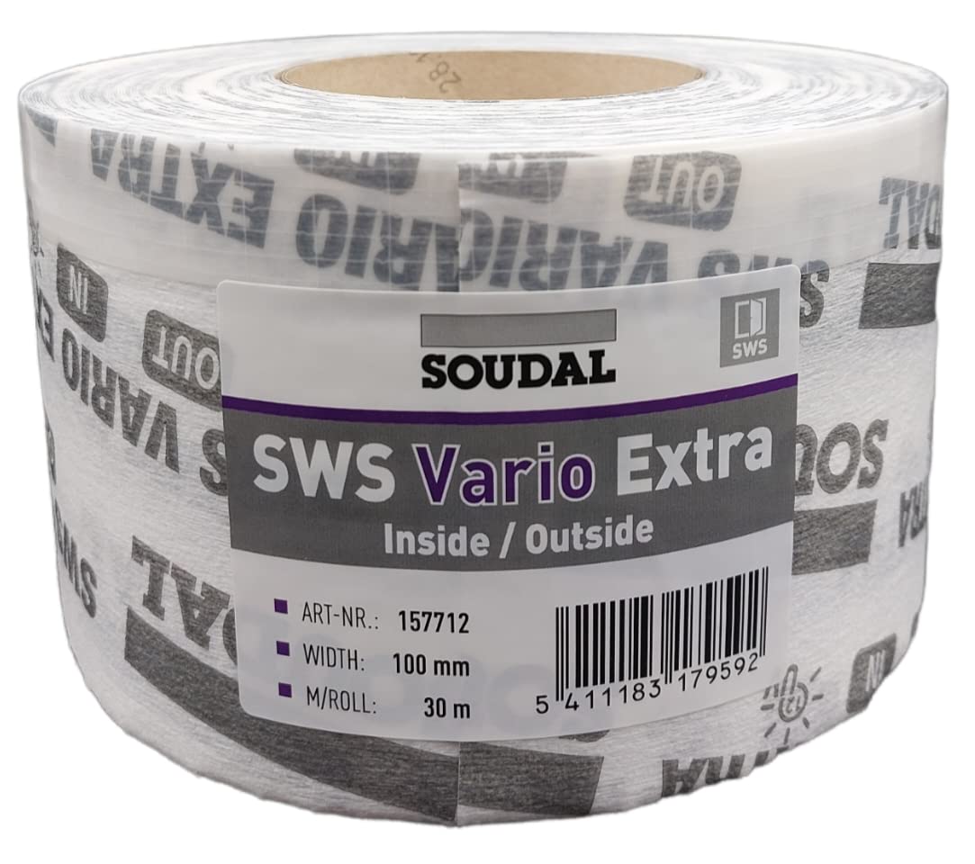 Soudal + Fensterband Anschlussband SWS Vario Extra Vollflächig Selbstklebend Innen und Aussen Luftdicht Schlagregendicht Breite 70-150mm 30m Rolle (100mm)