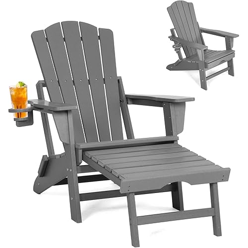 Folding Adirondack Chair with Retractable Ottoman,All Weather Fire Pit Chairs with Cup Holder,Outdoor Chair with Ottoman,Grey