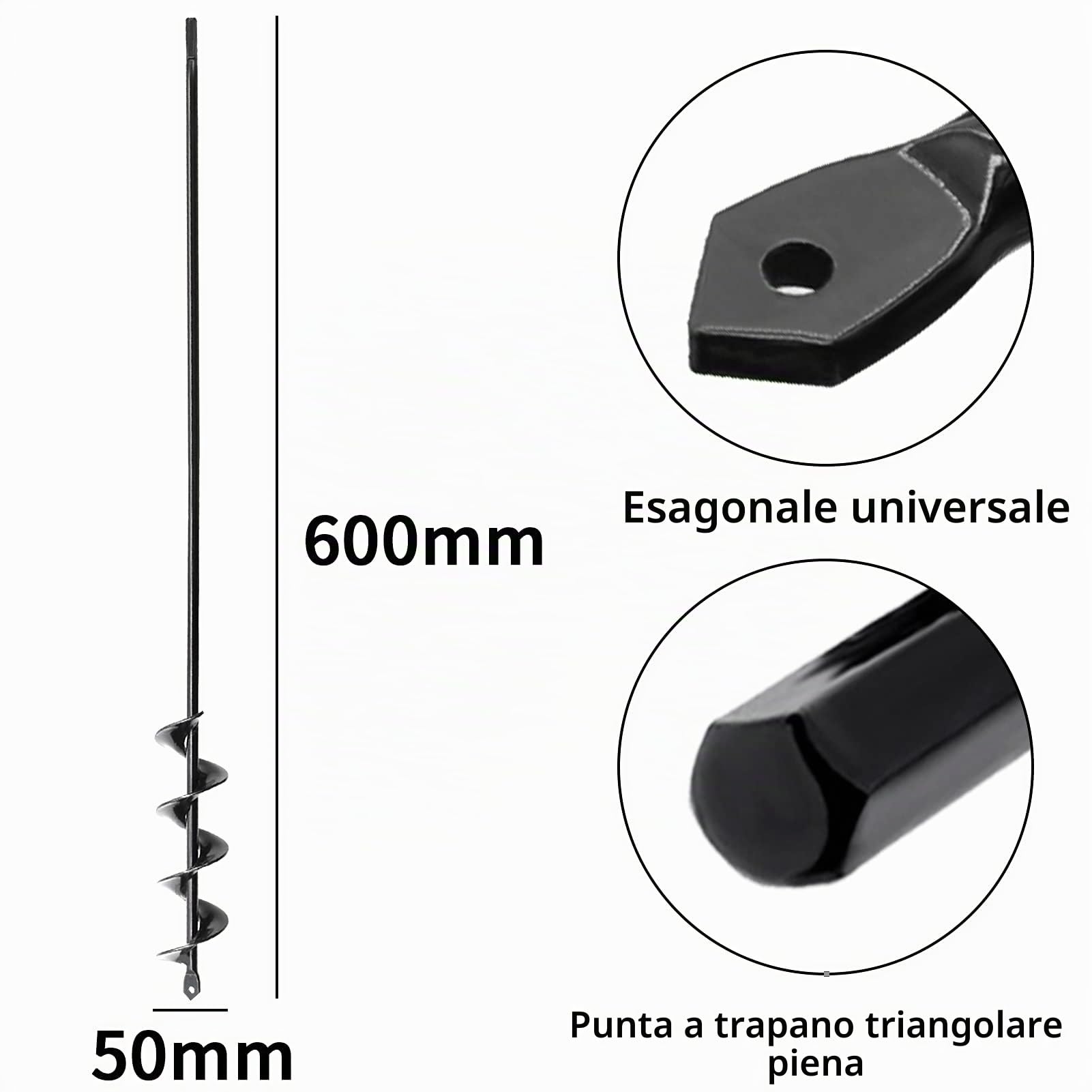 Trivella per Trapano ø50mm X 600mm,Trivella per Terreno Punta Trapano per Terreno per Giardino, Si Adatta Alla Maggior Parte Dei Trapani Con Attacco Esagonale Da 3/8"