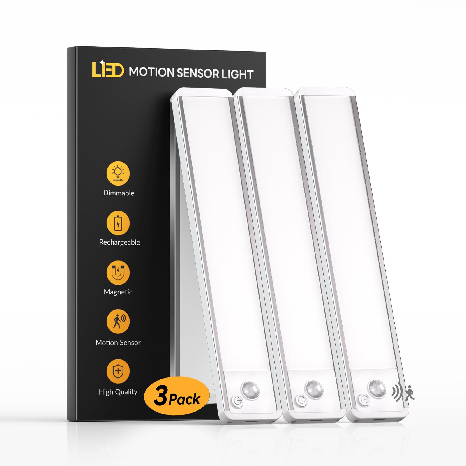 Under Cabinet Kitchen Lights 3 Pack - 6000K LED Motion Sensor Lights Indoor, 1100mAh Rechargeable Light, Dimmable & Magnetic Wireless Under Counter Lights for Cupboard|Shelf|Wardrobe|Stairs, 20CM — image 1