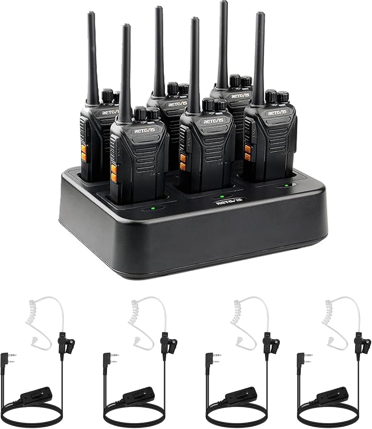 Retevis RT27 Walkie Talkies(6 Pack) with AI Active Noise Cancelling Two Way Radio Earpiece(4 Pack), Heavy Duty Two Way Radios, VOX Hands Free, Local Alarm, Rugged 2 Way Radio with Six-Way Charger