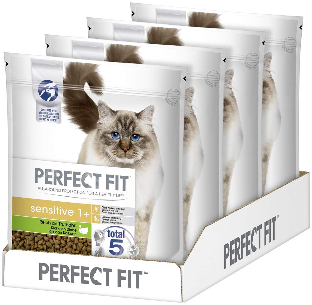 Perfect Fit Sensitive 1+ – Trockenfutter für erwachsene, sensible Katzen ab 1 Jahr – Reich an Truthahn – Ohne Weizen und Soja – Unterstützt die Verdauung – 4 x 1.4 kg