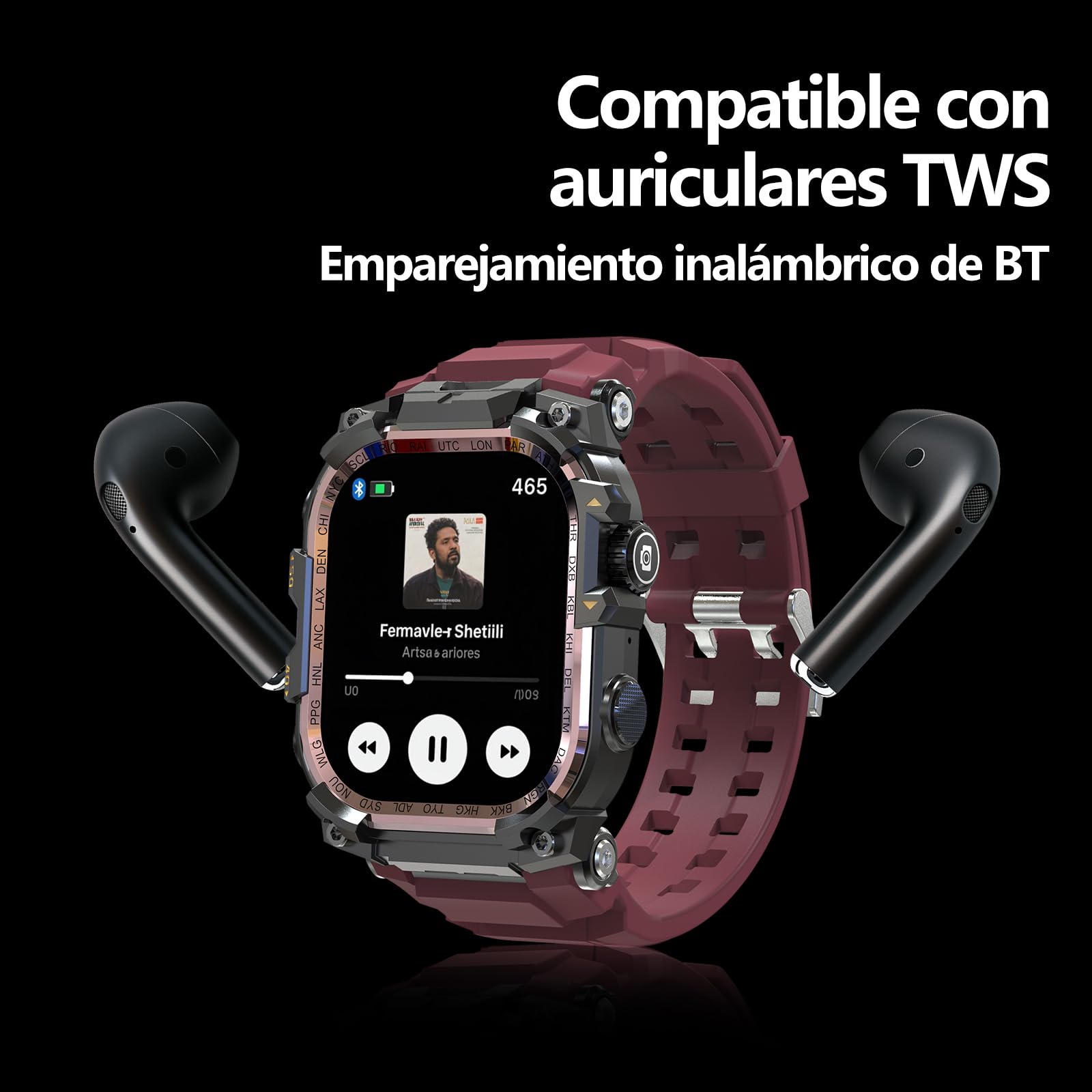 Reloj inteligente militar para hombre (almacenamiento de música), reloj inteligente de 2 pulgadas para Android e iOS, rastreador de fitness con linterna/auriculares TWS conectables pero (Negro)