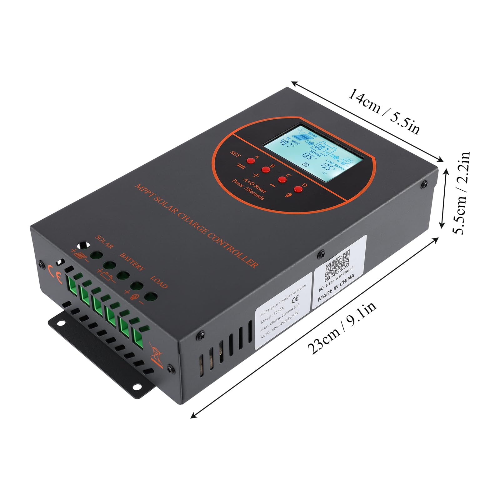MPPT 60A Solarladeregler 48V 36V 24V 12V Auto Max 160V DC Eingangssolarregler mit LCD Display , Funktioniert für Sealed, Gel, Flooded und Lithium.