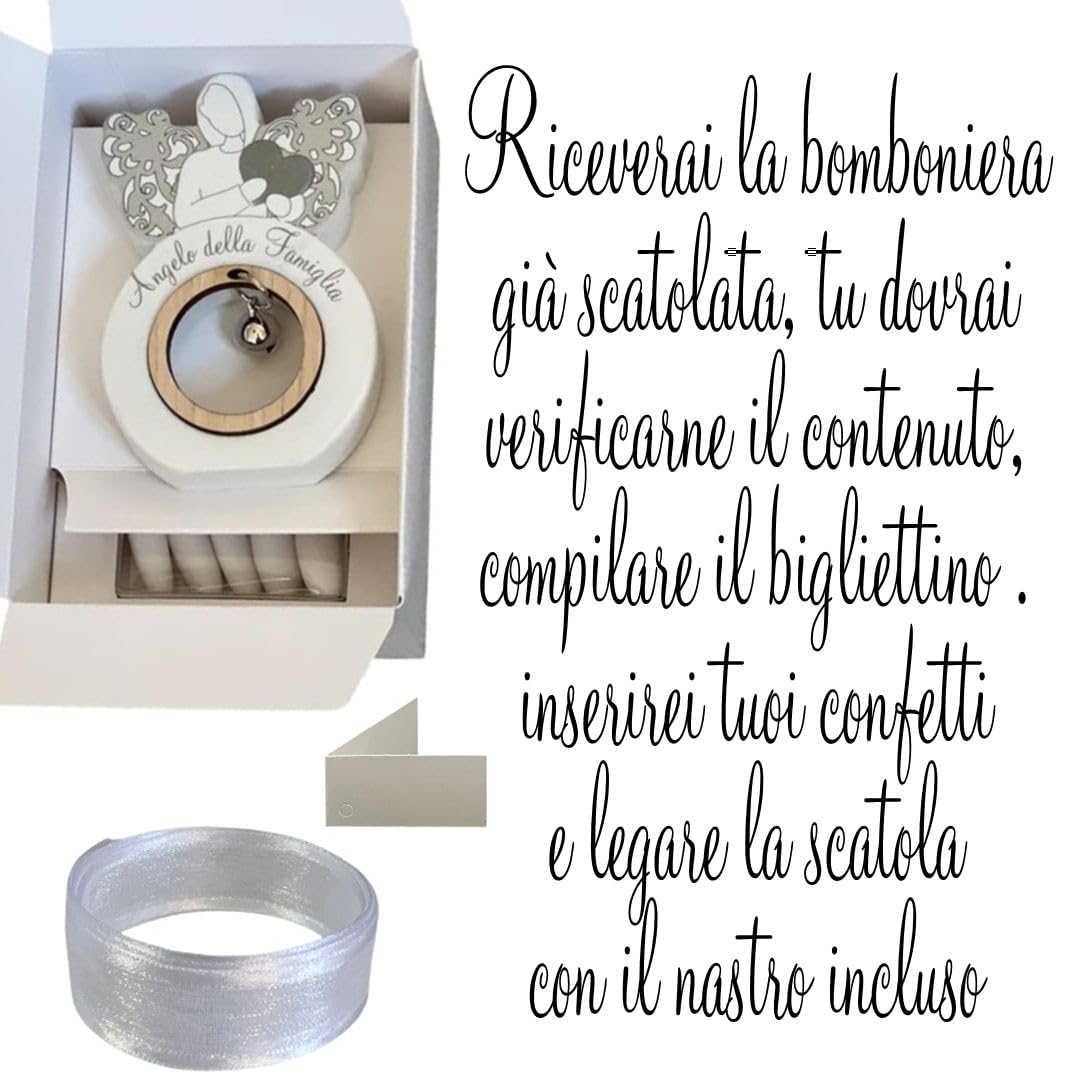 Regalami.Shop Set 4 bomboniere Angelo in Marmo di Carrara e Legno cm 11,5x7 comleto di Tutto (4 Pezzi fam)