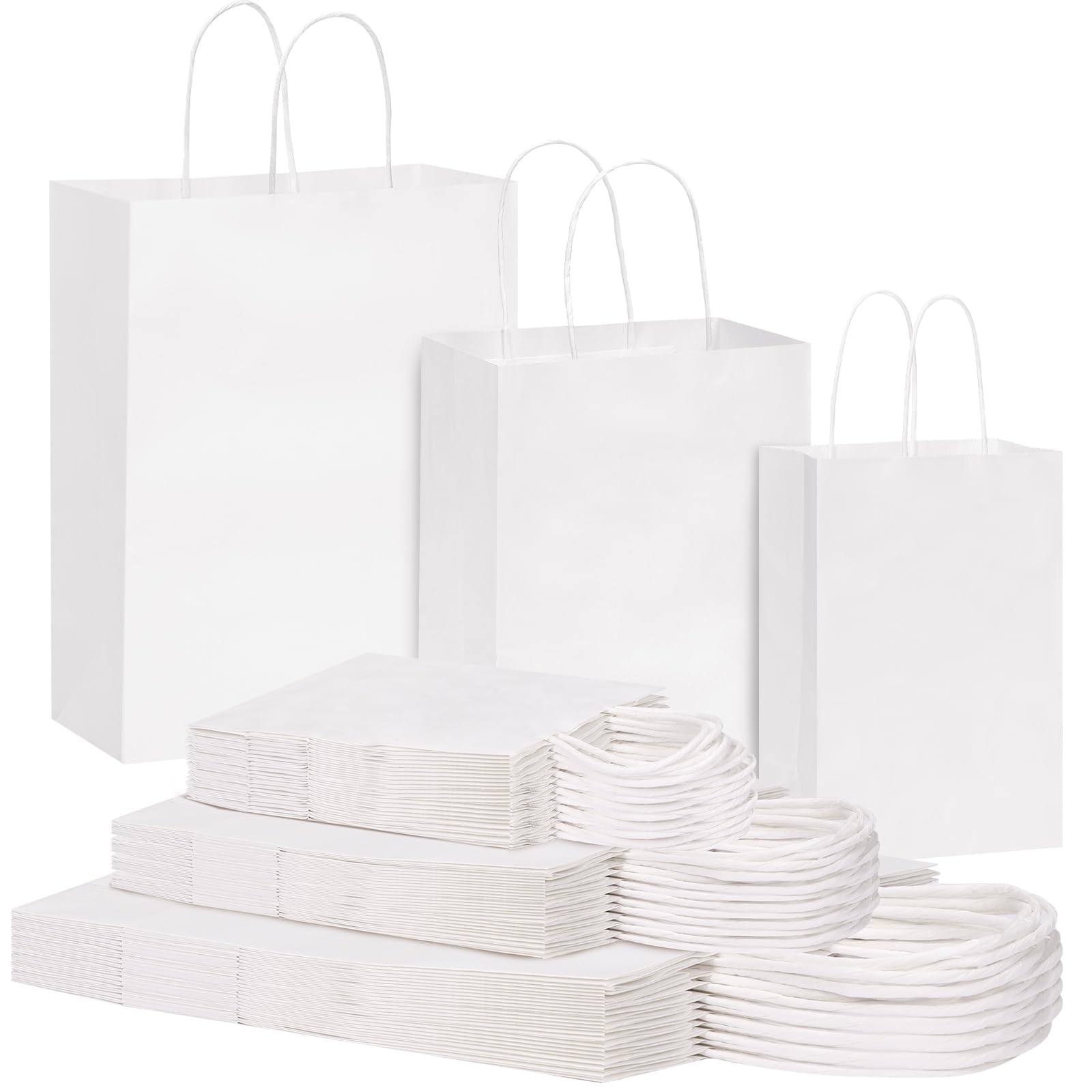 OUTUXED 120 bolsas de papel con asas de varios tamaños, bolsas de papel blanco kraft a granel, 3 tamaños mixtos, bolsas de regalo, bolsas de venta al por menor para fiestas, cumpleaños, compras,