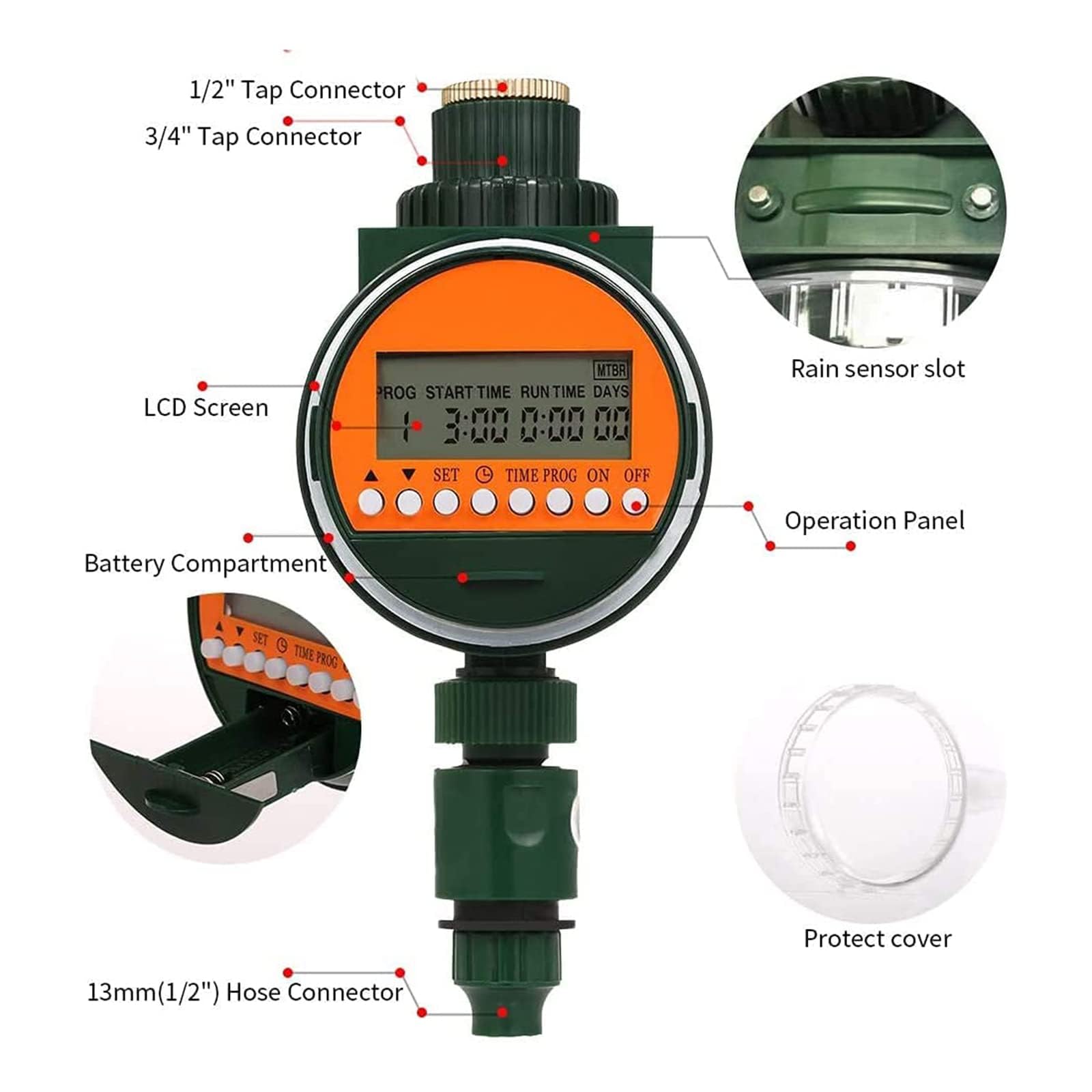 Misuratore di portata d'acqua con sensore pioggia da 3/4" e timer automatico da 1/2", funzionamento facile, adatto per l'irrigazione del giardino, irrigazione con tubo da giardino esterno,Green