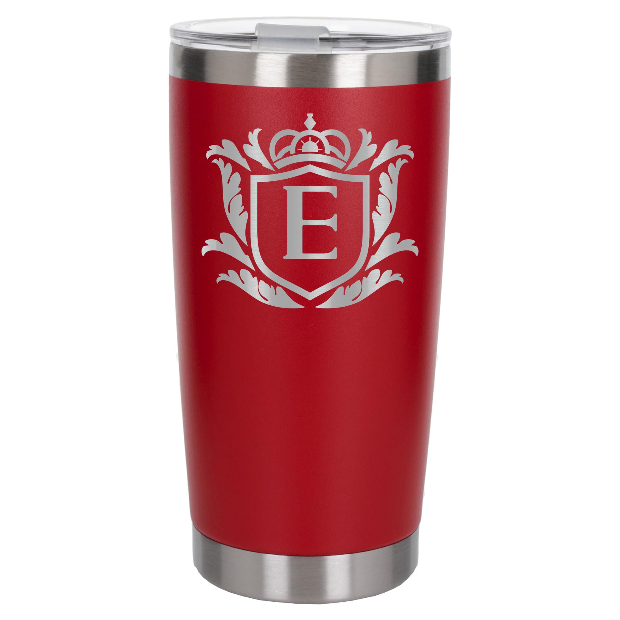 Customised Gifts 500ml Engraved Shield Initial Monogram Insulated Personalised Red Travel Mug for Men and Women - Personalised Initial Coffee Travel Mug for Hot and Cold Beverages, Letter E