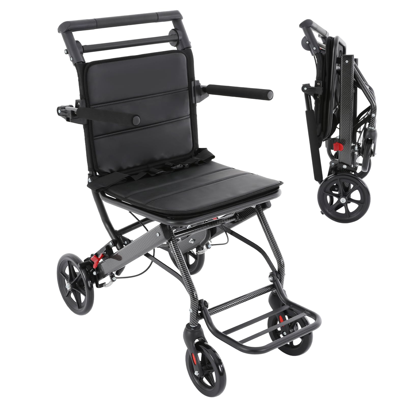 Silla de ruedas de transporte plegable de aleación de aluminio, silla de ruedas portátil de viaje con bolsa de almacenamiento, ligera para personas mayores y personas con movilidad reducida
