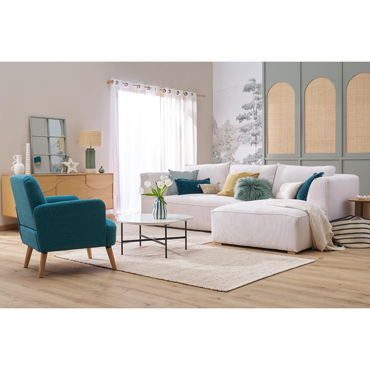 Miliboo Fauteuil scandinave en Tissu Bleu Canard et Bois Clair ISKO