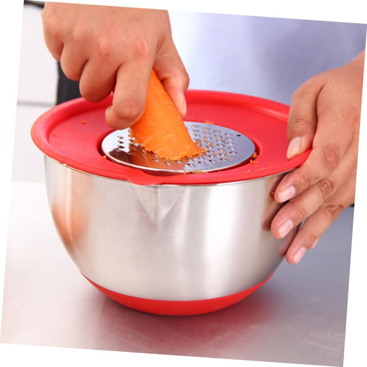 COHEALI Stainless Steel Mixing Bowl Set with Red Handle, 18Cm 20Cm Non-Slip Silicone Base, Kitchen Salad and Food Mixing Bowls with Lettered Lids and 3 Graters for Daily Cooking and Baking