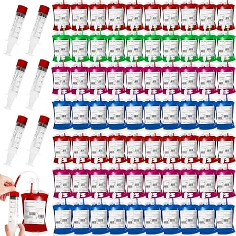 Lansian 100 Pack Halloween Blood Bags for Drinks, Blood IV Bags Reusable Pouches for Halloween Party Decorations Supplies, Zombie Nurse Masquerade Vampire Party Props with Syringes and Clips Cover