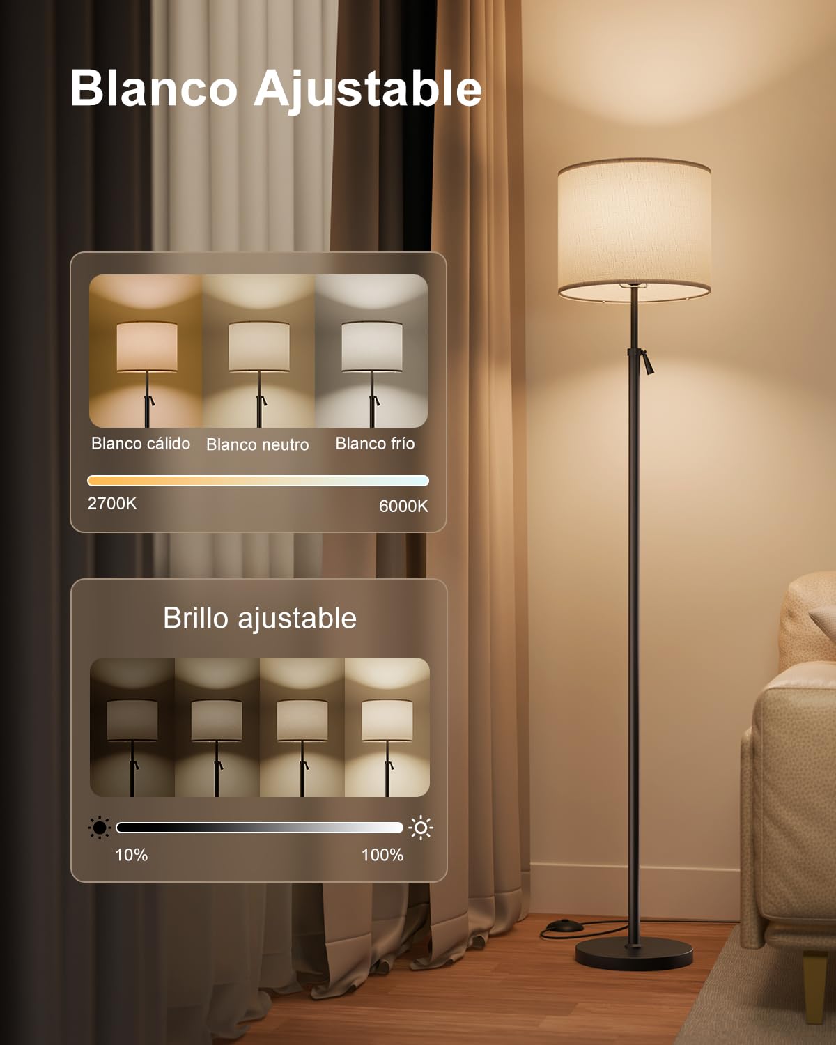 DUSKTEC Lámpara de Pie Inteligente para Salón,Compatible con Alexa y App,Cambio de color RGB, Regulable 1-100%,Blanco 2700-6000K,Sincronización con Música,Altura Ajustable 10W 1200LM, Pantalla de Lino