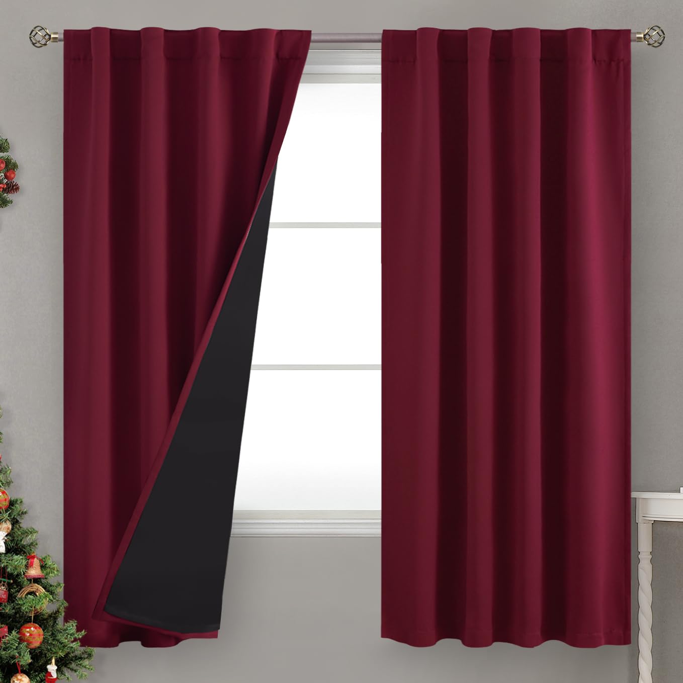 BGment Burgundy Red 100% Blackout Curtains 63 Inches Long with Thermal Insulated Liner, Rod Pocket and Back Tab Double Layer Full Room Darkening