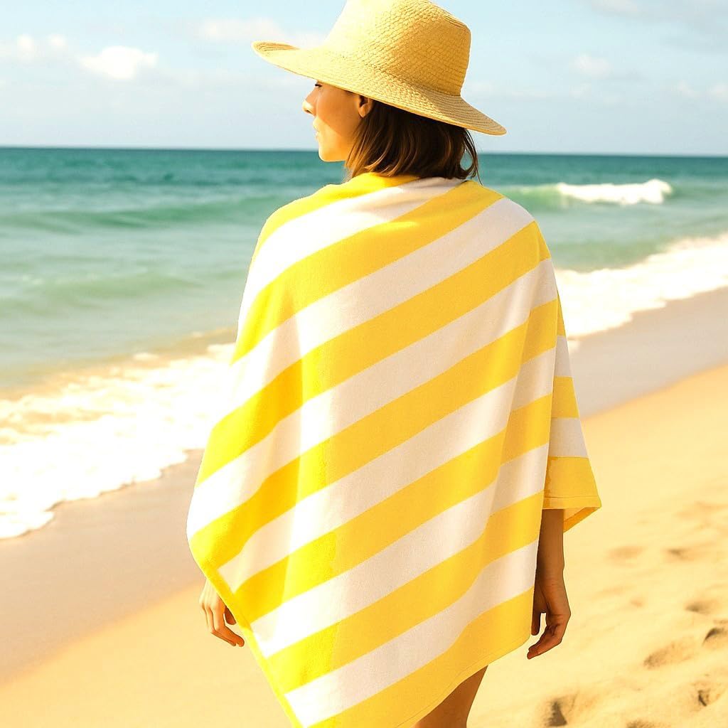 BY LORA Terry Cotton Cabana Stripe Beach and Pool Towels, Black White Color Set of 4