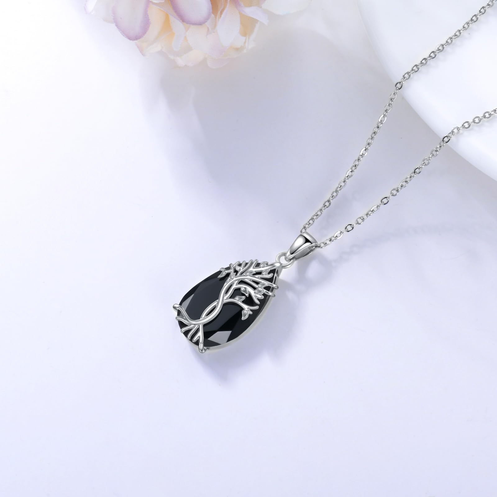 YFN Collana con albero della vita, in argento Sterling con tormalina nera, ciondolo celtico, albero della vita, regalo per donne, adolescenti, ragazze, compleanno, 30*18mm, Argento sterling, Zirconia