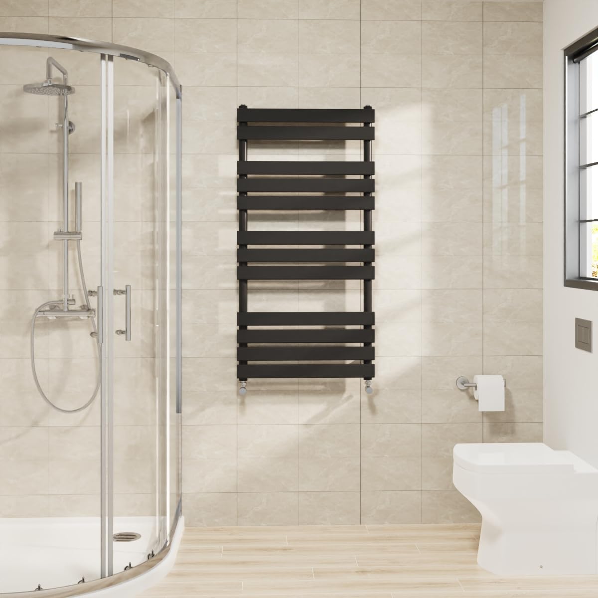 Warmehaus Flat Panel Heated Towel Rail Black Bathroom Ladder Radiator Warmer 1200x600mm