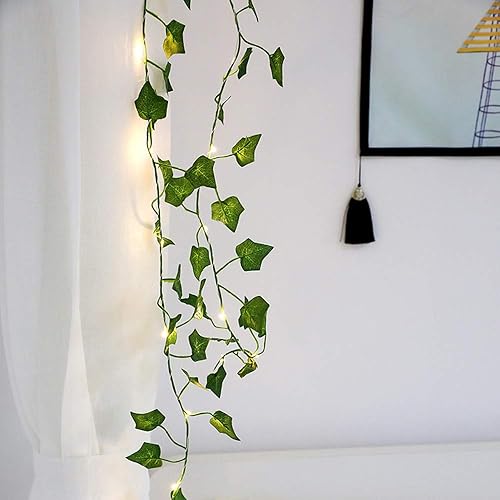 Miniatura 6 de Cadena de luces Ivy, 6.5 pies, 20 luces LED blancas cálidas, interiorexterior, resistente al agua, funciona con pilas, estilo moderno, verde,