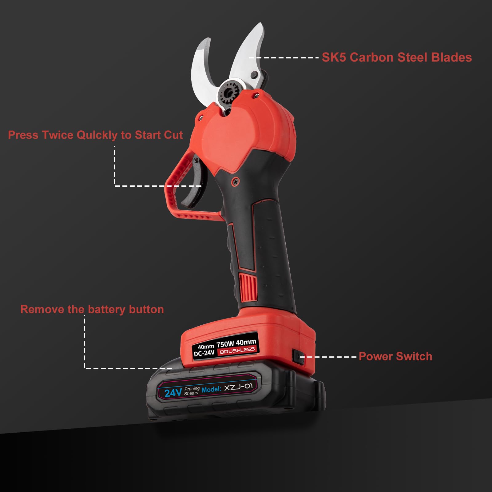 Tijeras de Podar Eléctricas 40 mm con 2 Baterías 3.0Ah | Podadora eléctrica con corte progresivo, ideal para huertos, jardines y parques, autonomía prolongada para poda eficiente