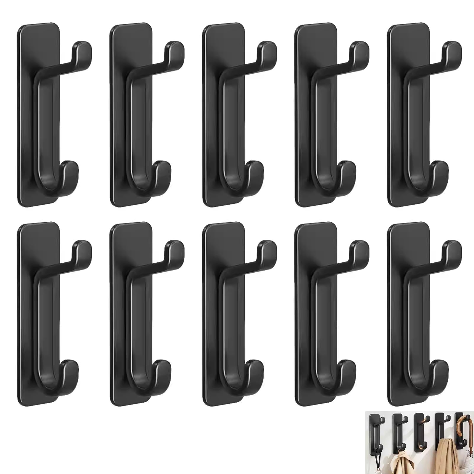 10 Pack Self Adhesive Hooks, Stick on Hooks for Hanging, Heavy Duty Wall Mounted Sticky Hook Stainless Steel Double Coat Hooks for Door Kitchen Shower Towel Key Bag Hat Organizer No Drilling (Black)