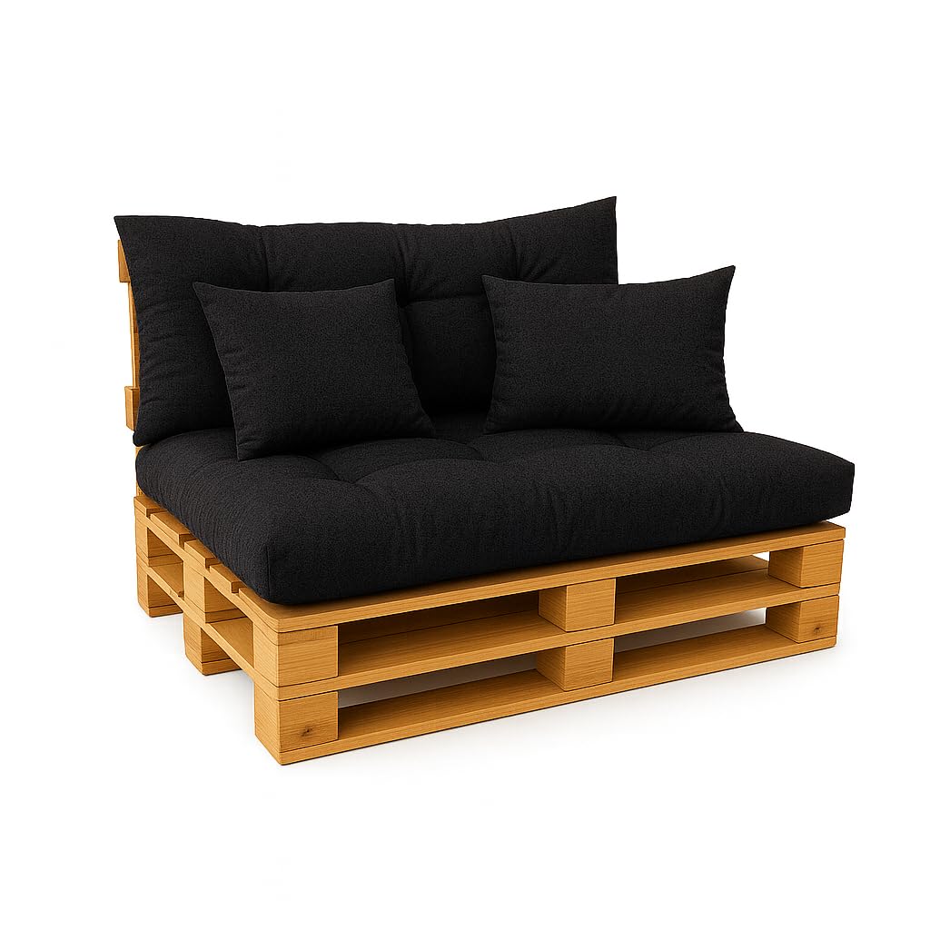 DECORESTOR Cojines para Palets Impermeables - Pack Completo Asiento 120x80, Respaldo 120x60 y 2 Cojines 40x40 - Sofá de Palets Exterior/Interior (Negro)