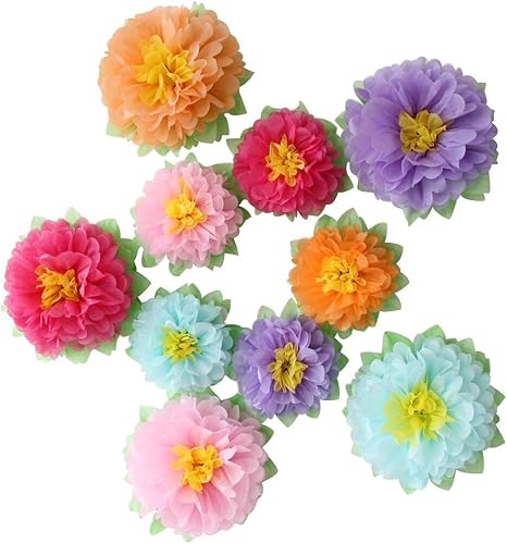 Mybbshower Coloridas flores de papel para fiesta (9-7 pulgadas surtidas) Juego de 10 decoraciones al aire libre para niños, cumpleaños, carnaval,