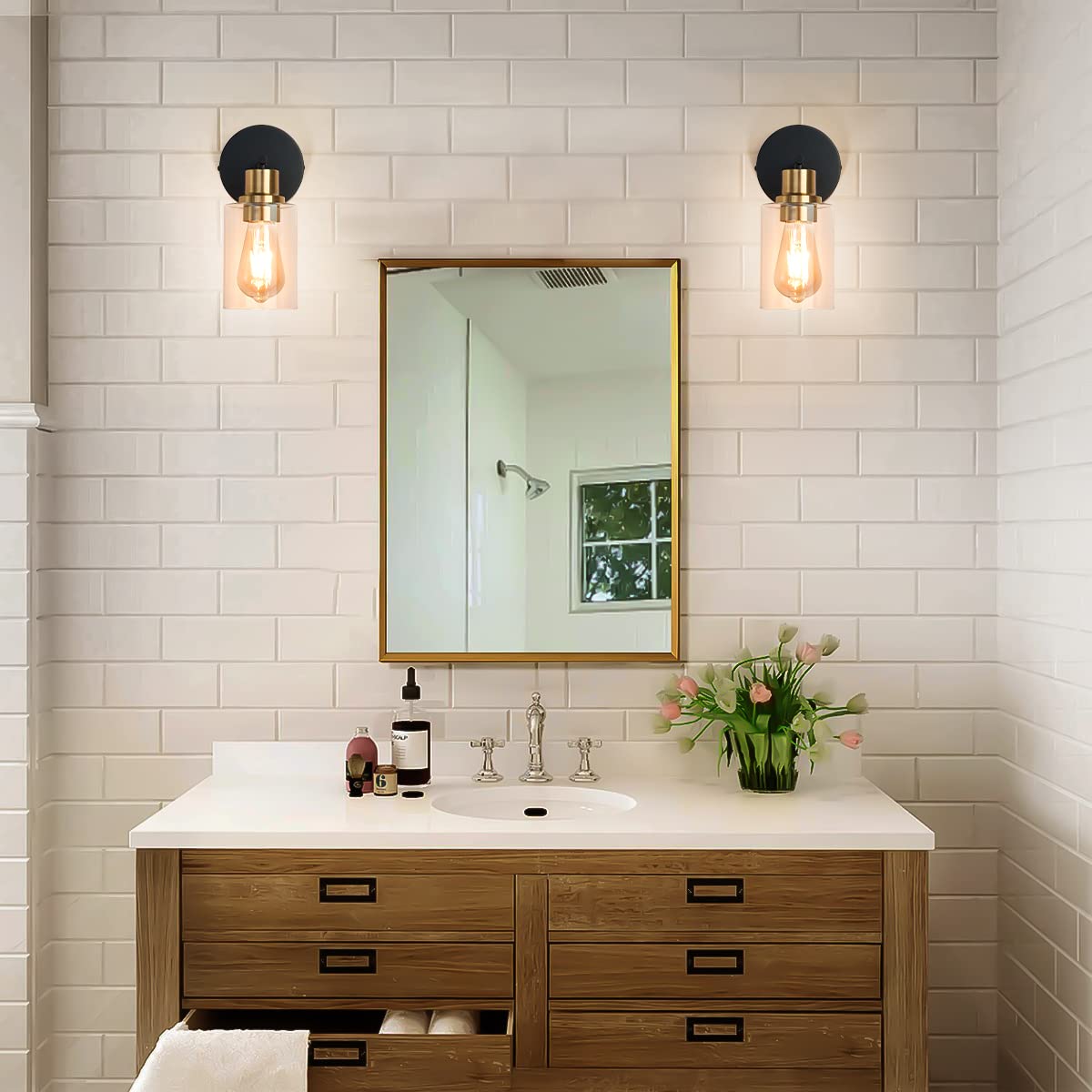 Set Of 2 Modern Wall Sconces With Clear Glass Shade - Bathroom Vanity Lights For Mirror, Living Room