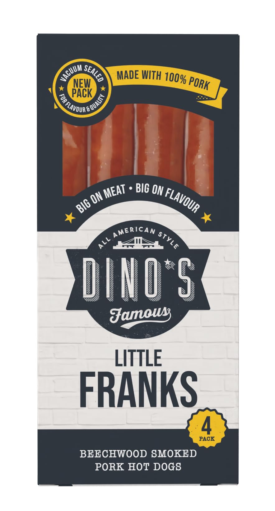 Dino's Famous All American Style Little Franks, 4 Beechwood Smoked Pork Hot Dogs 160 g (Pack of 1)