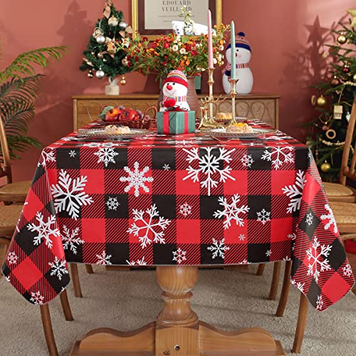 SASTYBALE Christmas Tablecloth Rectangle Vinyl with Flannel Backing, Buffalo Plaid Snowflake Print, Waterproof & Heavy Duty Plastic Table Cover for Dining, Party, Holiday, 52 x 70 Inch Red and Black – Image 4