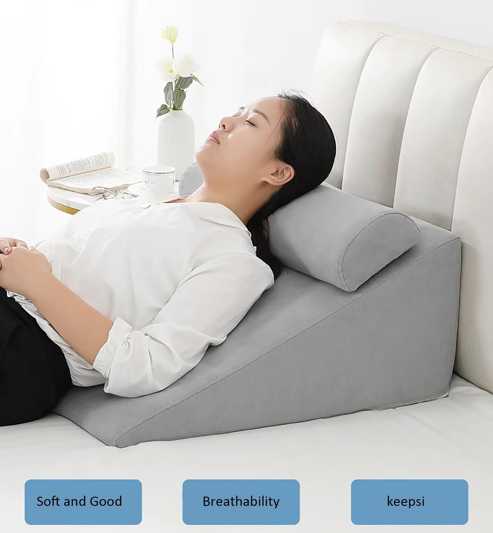 cuña antireflujo adulto Cuña de almohada triangular para cabecera doble, cuña de almohada de esponja de alta densidad con funda de tela, almohada de cuña para aliviar el dolor de espalda, gris(65x90x3