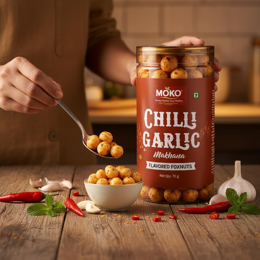 MOKO Chilli Garlic Makhana β Roasted Foxnuts Snack, Gluten-Free & High Protein, Healthy Lotus Seeds, Light & Crunchy Evening Snack, 70g 3