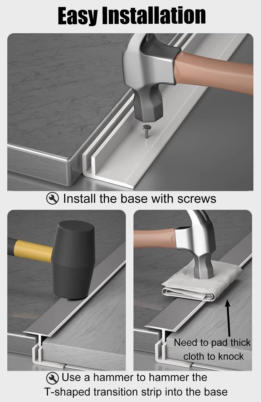 Bordi per pavimenti in marmo Coprigiunto piatto impermeabile a forma di T for bagno, for fessure tra pavimenti in laminato e vinile, 3 pezzi(Black,0.9m(35in) x3)