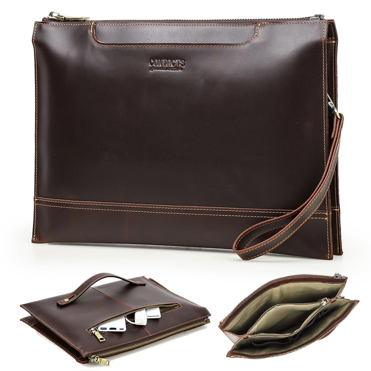 CONTACTS Full Grain Leather Laptop Case 14 in Men's Slim Briefcase Clutch