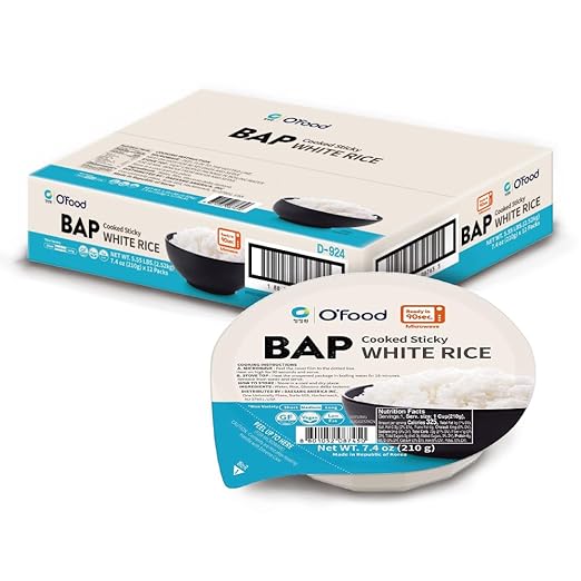 O'Food BAP Instant Rice (Pack of 12), Korean, Microwavable, Gluten-Free, Asian Rice, Pantry Staple, Microwave Safe, Perfect with Kimchi, Noodles, Soup
