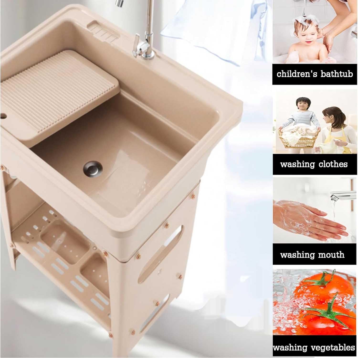 Évier à Linge Autoportant avec Robinet, Évier Utilitaire en Plastique avec Bac à Laver Et Égouttoir en Acier Inoxydable, pour Buanderie, Garage, sous-Sol, Jardin
