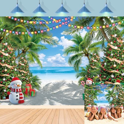 July Christmas Backdrop Summer Beach Palm Christmas Tree Snowman Photography Background Tropical Hawaiian Xmas Family Birthday Holiday Party Decorations Banner Photo Props (7x5FT)