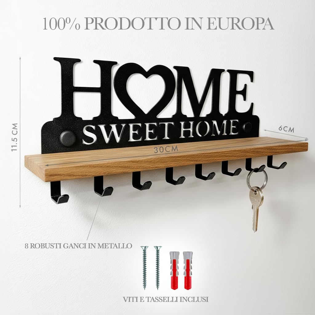 Portachiavi con Mensola in Legno Massello e Metallo – Organizer da Parete con 8 Ganci – Targa Home Sweet Home per l’ingresso
