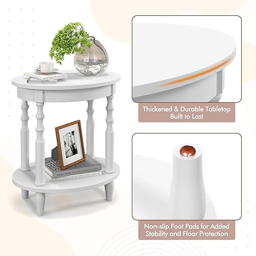 Miniatura 4 de Giantex Mesa auxiliar con estante de almacenamiento, color blanco, mesa auxiliar redonda ovalada de 24.5 pulgadas con patas de madera maciza, mesa