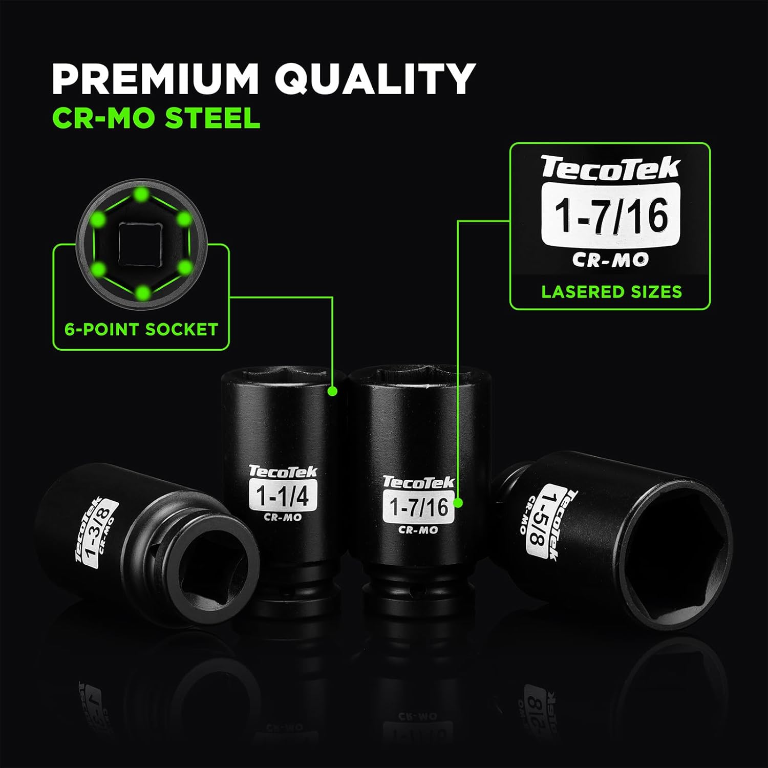 3/4" Drive Deep 6-Point Impact Socket Set, 14-Piece Heavy Duty Impact Socket Set, Cr-Mo, SAE (1" to 2"), for Large Vehicle and Apparatus Maintenance