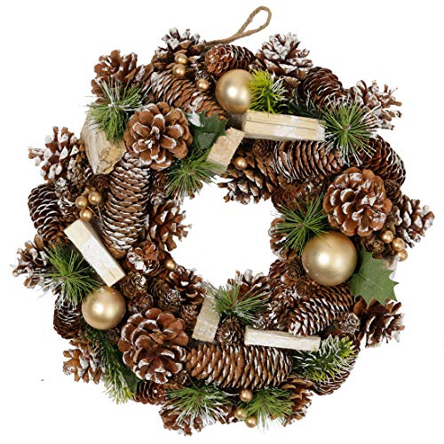 Olsen & Smith 36cm Guirnalda Decorativa Tradicional de Navidad para Interiores con Adorno de Oro, Madera picada y decoración de piña (Oro de 36 cm)