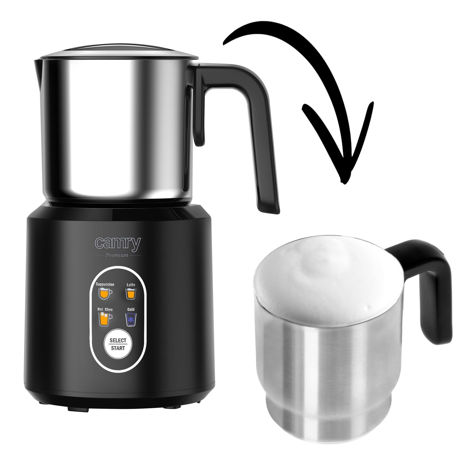 Camry CR4498 Espumador de Leche Automático Batidor de leche Eléctrico, Calentador Leche 350 ml, Hace Espuma en Caliente/Frío, Tapa Transparente, Jarra Inalámbrica Acero Inoxidable, 1000W