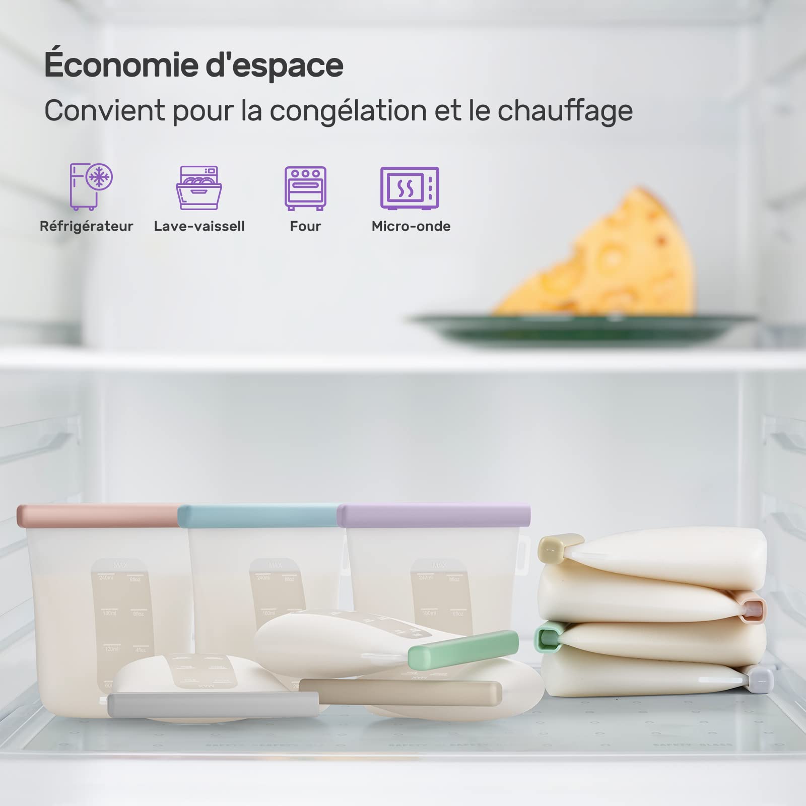 Nuliie Silicone Sachet Conservation Lait Maternelle Lot de 7, Doublement Étanches Sac Congelation Lait Maternel, Sans BPA Sacs à Lait Autoportants de 8oz/240ml pour L'allaitement