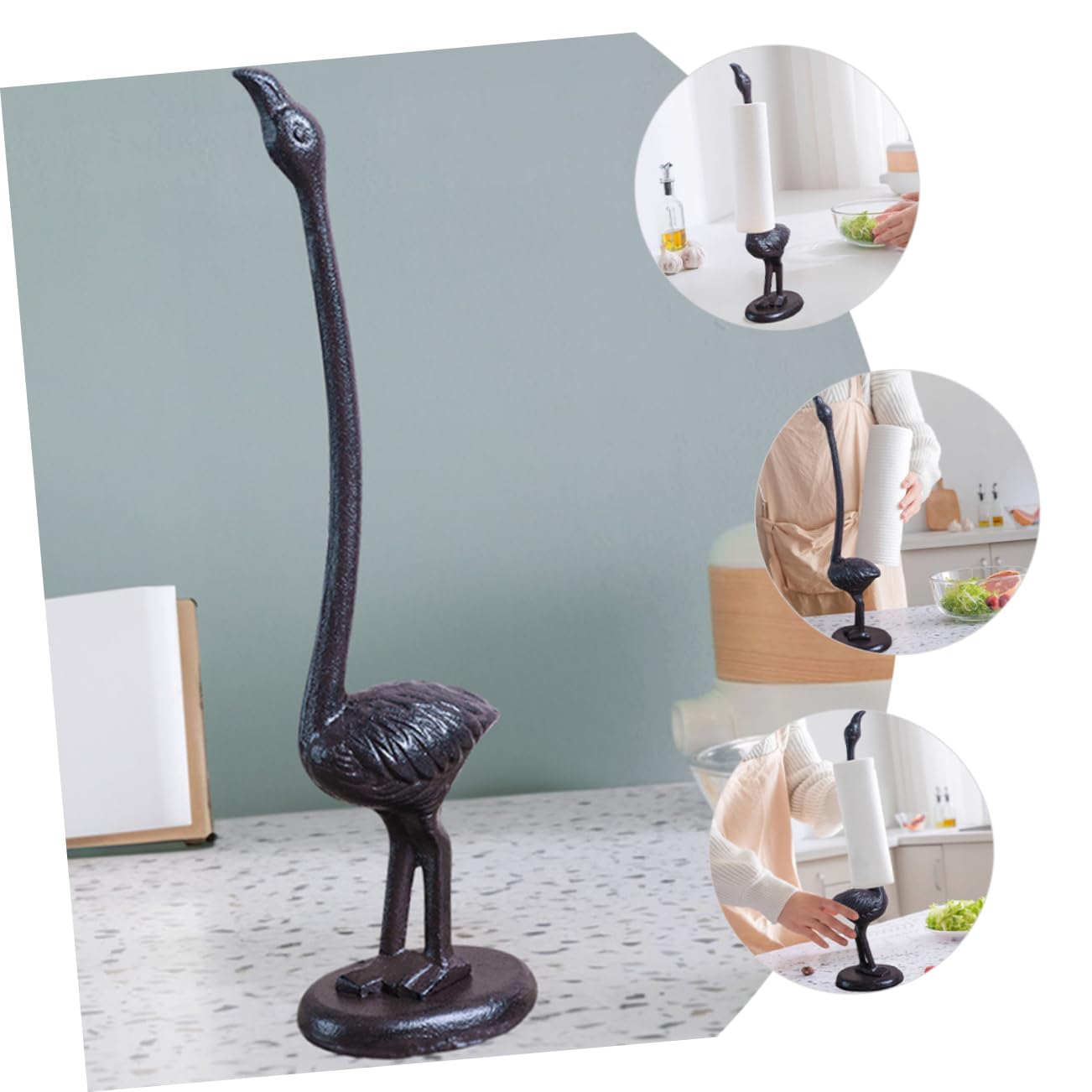 Flamingo Papierhandtuchständer aus Eisen, Stehendes Tierfiguren Design | Rutschfester Standfuß, Schwarz, Leicht zu Bewegen, für Bad und Wohnzimmer Geeignet