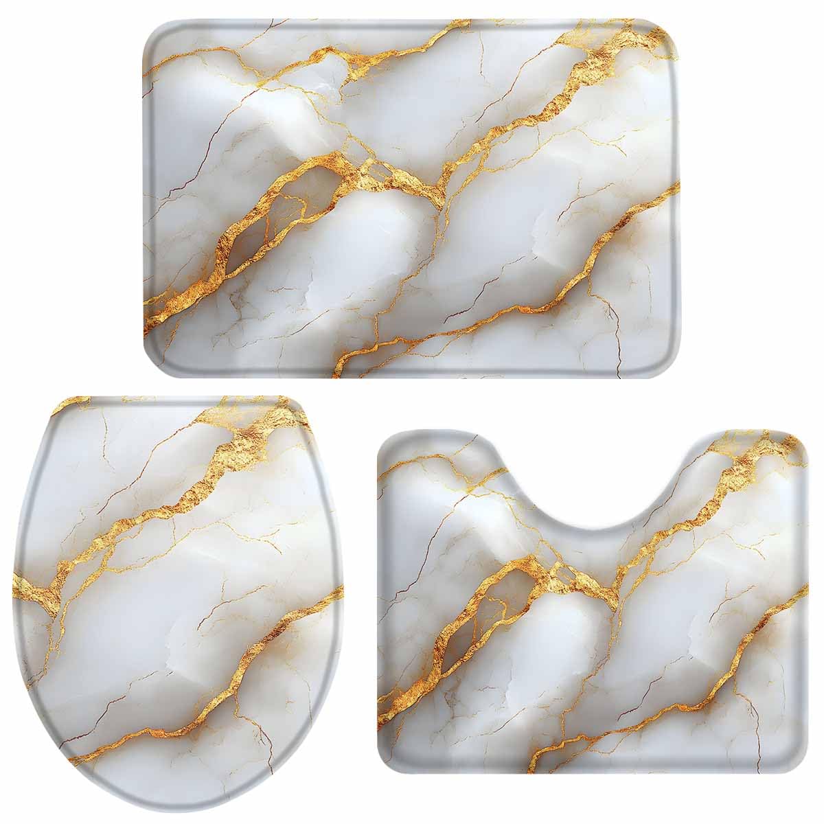 White Golden Marble Bath Mat 3 Piece Bathroom Rug Set, Non Slip Bath Rug Contour Mat and Toilet Lid Cover, Absorbent Shower Mats Soft Bathroom Carpet