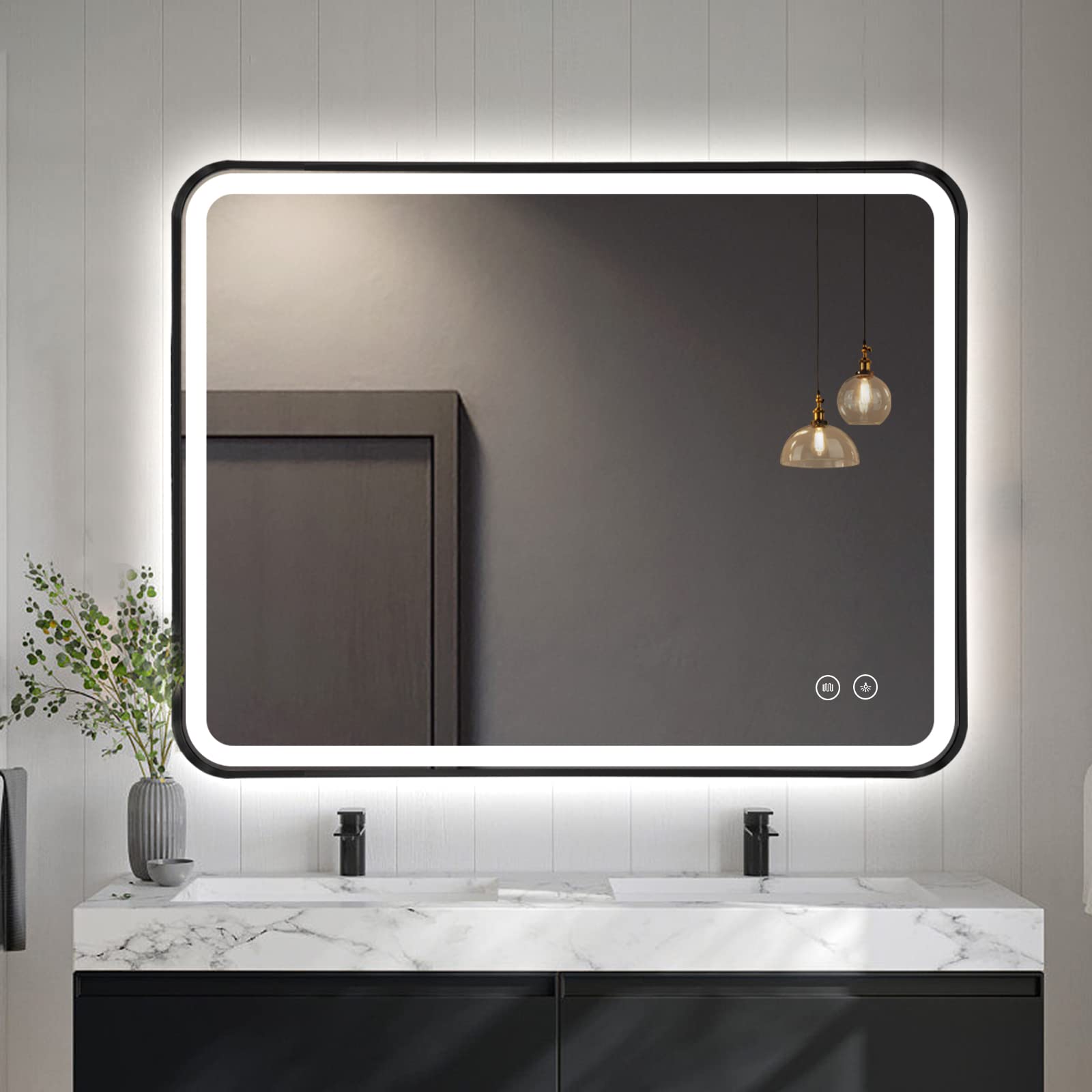 TheiaMo LED Rectangle Mirror, 36"x28" Double Touch Dimmable Bathroom Mirror, Wall Mounted Vanity Mirror with 45° Beveled Metal Frame Anti-Fog Waterproof 3 Color Temperature Smart Mirror, Black