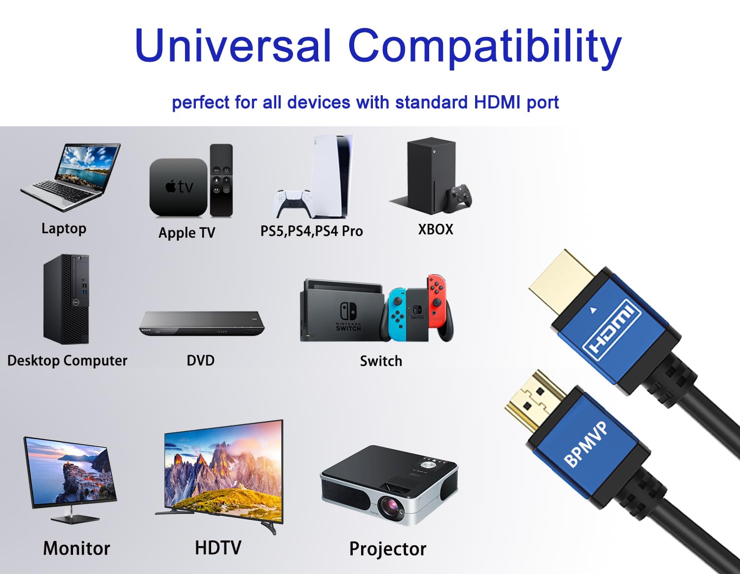 BPMVP Cavo HDMI 4K 10,6 m Ultra HD ad alta velocità 4K60Hz HDMI 2.0 con supporto booster di segnale 4K, 2160P, 1080P, 3D, Ethernet e ritorno audio (ARC), HDR, larghezza di banda 18Gbps