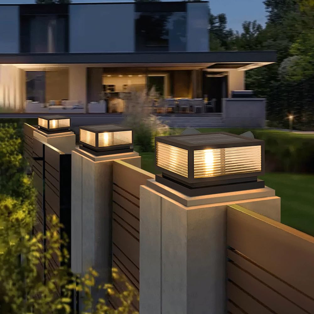 Solarne oprawy oświetleniowe do zewnętrznych słupków zewnętrznych, wodoodporne zasilane lampy kolumnowe z podstawą do montażu na molo, brama, kamień cokół, słupek, oświetlenie aluminiowe, ogrodzenie